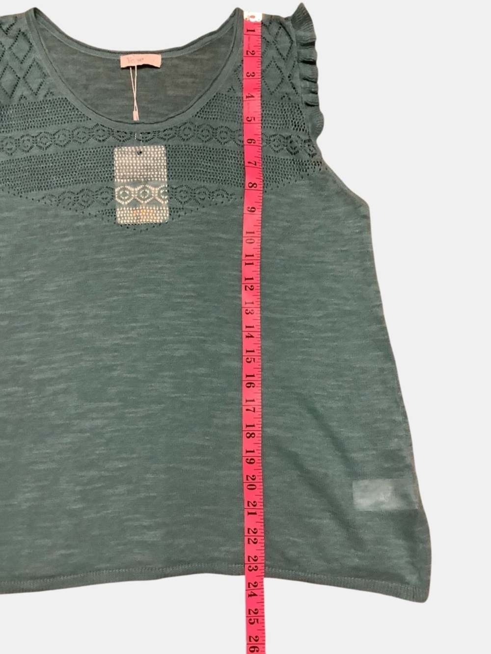 Yerse Linen Blend Knit Top Ruffle Sleeve Lace Detail Teal Size L NWT - Picture 8 of 12